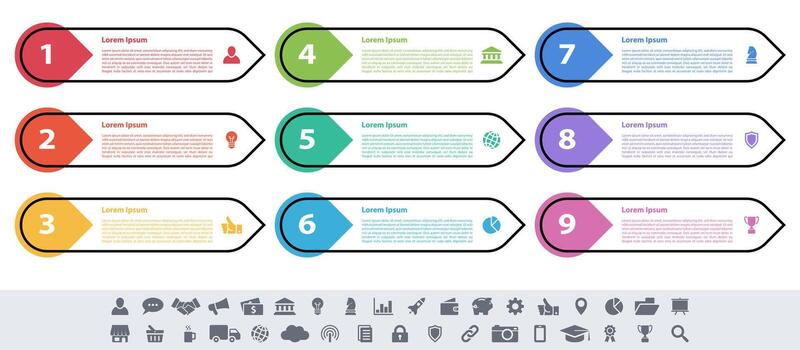 conjunto de infografía modelo con nueve pasos y íconos vector