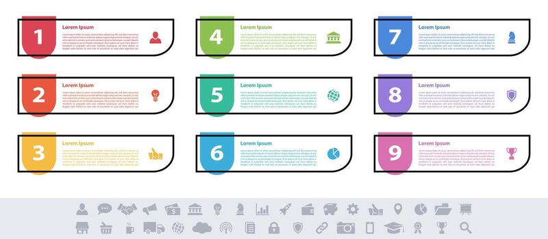 el nueve pasos infografía modelo con íconos y números vector