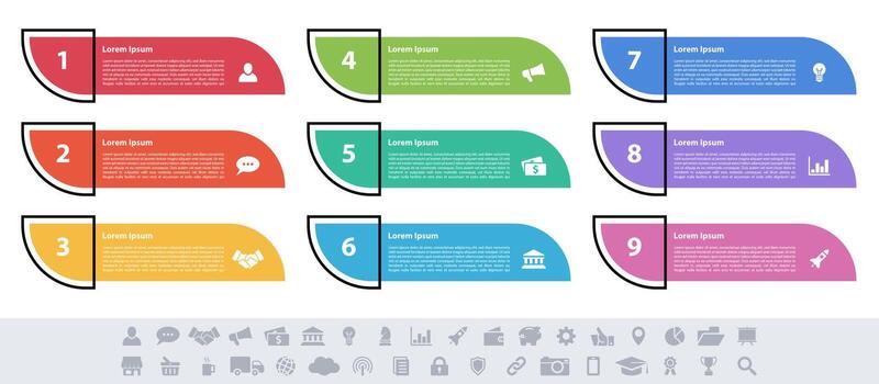 Set of infographic template design with nine steps and icons vector
