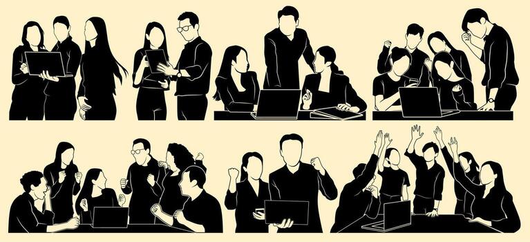 Silhouettes of business teams collaborating, discussing, and brainstorming around laptops, representing teamwork, office culture. vector