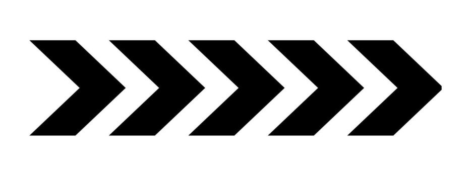 Black chevron arrows in horizontal arrangement. Repeated V-shaped stripes design. Motion, loading, road caution, military or navigation sign isolated on white background. graphic illustration vector
