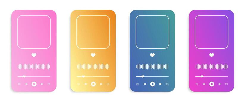 Set of colorful audioplayer interface templates with album cover frame, buttons, progress loading bar and equalizer wave. MP3 player menu widgets isolated on white background. illustration vector