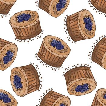 Hand drawn seamless pattern of blueberry muffin cupcake dessert with crumbs, rustic bakery illustration in color version vector
