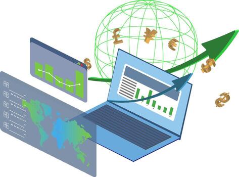 Visual representation of global finance trends with data analytics showing growth and currency symbols in a modern digital workspace vector