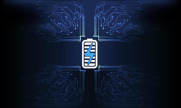 Circuit design featuring a battery icon in a dark blue background with electric patterns highlighting technology and connectivity vector