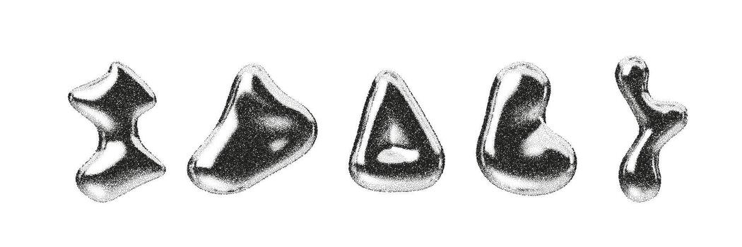 Abstract 3D chrome shapes with smooth metallic texture and grain effect. Fluid silver elements with soft reflections and organic geometry. Futuristic Y2K design in glossy minimal style vector