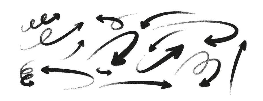 Hand drawn arrow set with rough brush texture and charcoal effect. Abstract sketch arrows in black and white, isolated on background. Grunge pencil doodle lines for design, art, and decoration vector