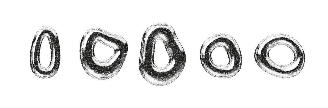 Abstract 3D chrome shapes with grain texture and liquid gradient effect. Metallic halftone elements in silver and black tones. Modern geometric design for futuristic or retro Y2K art projects vector