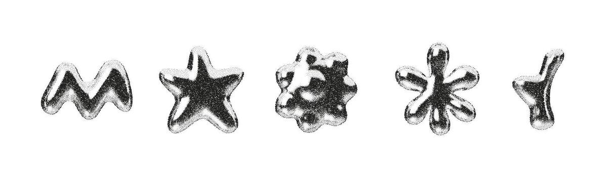 Abstract 3D chrome shapes with grain texture and metallic gradient. Silver symbols like wave, star, and flower forms. Glossy Y2K design with futuristic sparkle and smooth geometric reflections vector