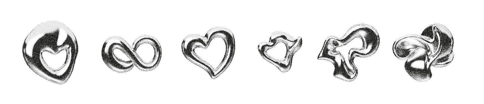 Abstract 3D chrome shapes with smooth metallic texture and grain effect. Silver forms combining liquid motion and geometric balance. Modern Y2K glossy design with artistic chrome gradients vector