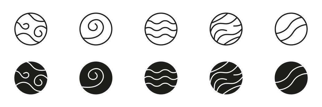 Futuristic Planet Surface Patterns and Abstract Waves Line and Solid Icon Set. Cosmic Sphere With Swirls Modern Astronomy Orbital Design Symbol Collection. Isolated Illustration vector