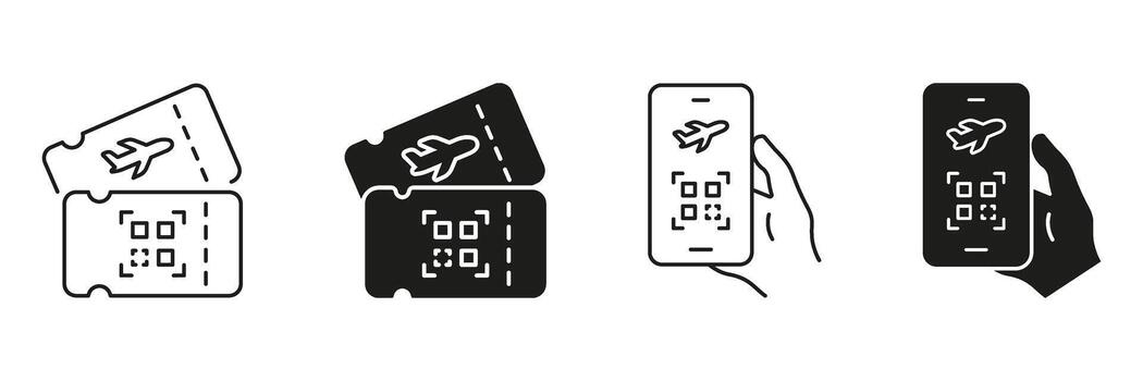 aerolínea boleto y móvil embarque pasar icono colocar. digital viajar, venta de boletos electrónicos, y qr código registrarse contorno y silueta símbolo recopilación. aislado ilustración vector