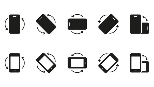 Smartphone Rotation And Orientation Solid Icon Set. Device Screen Rotation, Landscape And Portrait Mode Silhouette Symbol Collection. Mobile Interface Adjustment. Isolated Illustration vector
