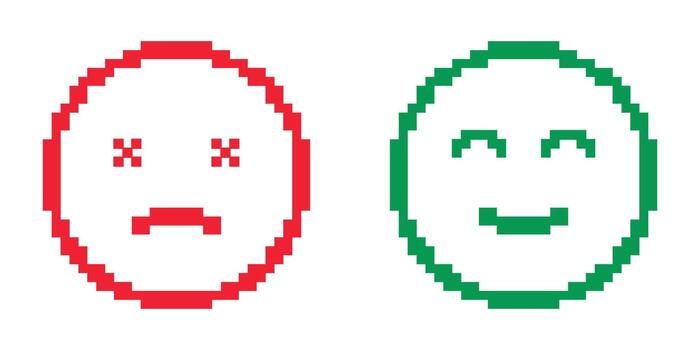 Red Sad Face And Green Happy Face Pixel Art Icon Set. Emotional Expression And Mood Representation Symbol Collection. Feedback And Sentiment Analysis. Isolated Illustration vector