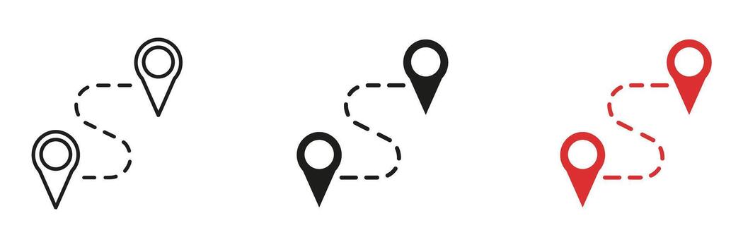 Path Direction with Destination Pointer Line and Solid Icon Set. Route Tracking and Travel Waypoint Navigation Symbol Collection. Isolated Illustration vector