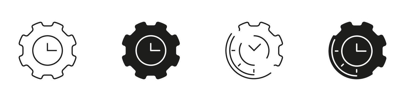 Gear With Clock Solid Icon Set. Time Management, Efficiency, And Productivity Enhancement Outline And Silhouette Symbol Collection. Workflow Optimization. Isolated Illustration vector