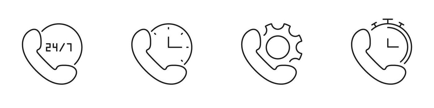 Phone Service Line Icon Set. 24-7 Support, Time Management, Technical Assistance, And Quick Response Outline Symbol. Customer Service And Communication. Editable Stroke. Isolated Illustration vector