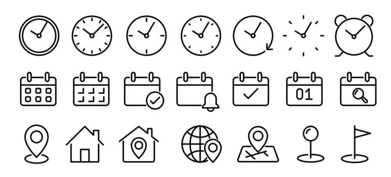 date, address, time line icon set. clock, calendar, location pin icons for delivery, meeting, address, time, date, target, office, planning, month, minute, navigation etc conceptual use. editable line vector