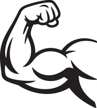 Black stylized flexing bicep arm with clenched fist and defined muscles strength vector