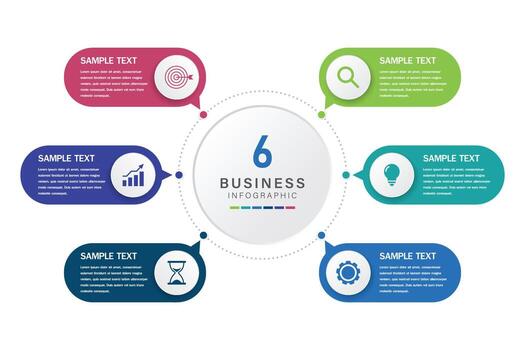 6 Part Business Strategy Infographic with Icons and Color Segments vector