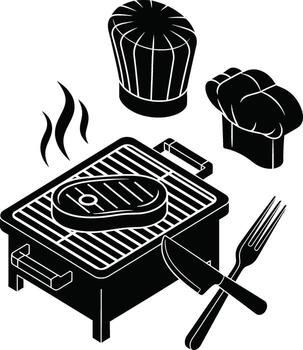 Grilling a steak with chef hats and utensils vector