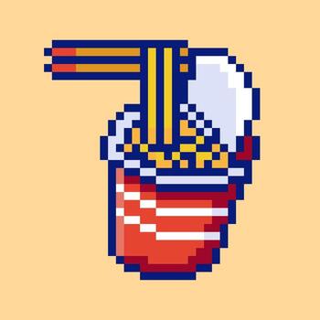 A cup of instant noodles, designed in a classic 8-bit pixel art style. This illustration features chopsticks pulling up noodles from a red and white cup, symbolizing a quick and tasty meal vector
