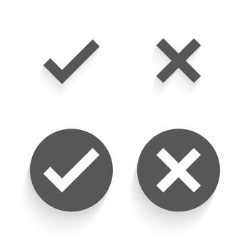 Tick and cross black signs. Gray checkmark OK and red X icons, isolated on white background. Simple marks graphic design. Circle symbols YES and NO button for vote, decision, web. illustration vector