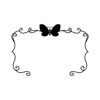Black frame with curly line pattern and butterfly drawing illustration for invitation or border text vector