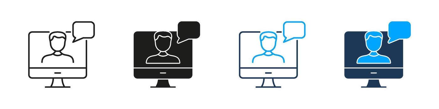 Computer Screen With User Chat Line and Solid Icon Set. Digital Communication Online Meeting Symbol Collection. Isolated Illustration vector