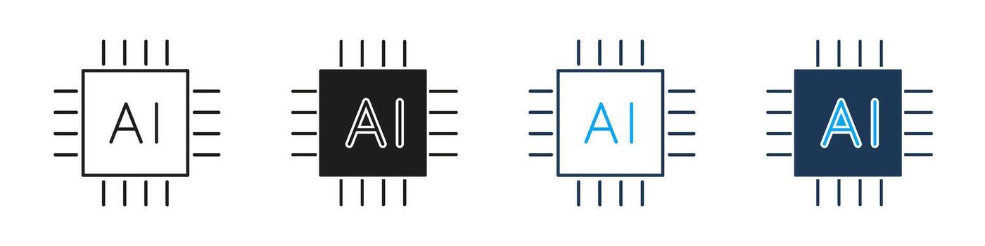 ai chip procesador tecnología línea y sólido icono colocar. artificial inteligencia hardware informática innovación símbolo recopilación. aislado ilustración vector