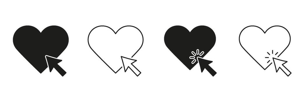 Heart With Cursor Click Line And Solid Icon Set. Online Interaction, Social Media Engagement, And Digital Love Symbol Collection. User Experience And Connectivity. Isolated Illustration vector