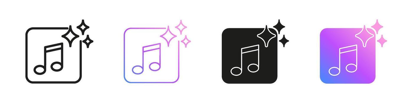 Musical Note With Sparkles Icon Set. AI Music Technology and Creative Innovation Symbols. Artificial Intelligence Audio, Sound Recognition and Media Automation. Isolated Illustration vector
