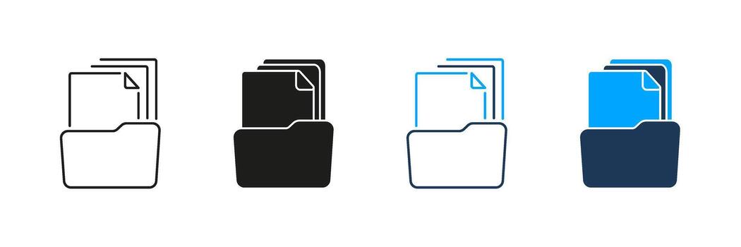 Folder With Documents Line And Solid Icon Set. File Organization, Document Management, And Data Storage Symbol Collection. Office And Digital Filing System. Isolated Illustration vector