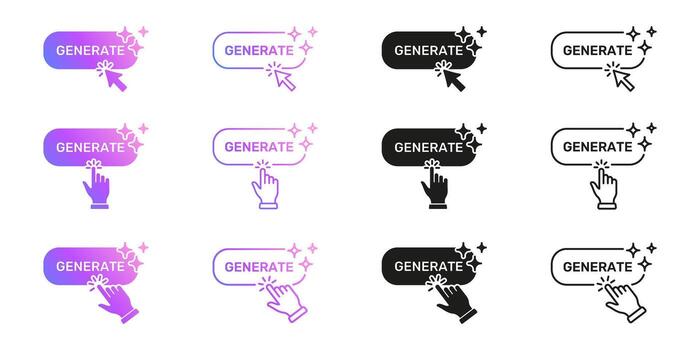 Gradient Generate Button Icons with Cursor and Hand Variations Icon Set. Artificial Intelligence Interactive Action Tools Symbol Collection. Isolated Illustration vector