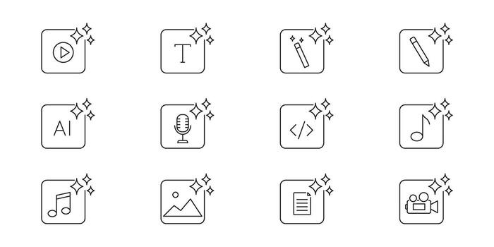 ai contenido creación herramientas jugar, texto, magia varita mágica, lápiz, micrófono, música, código, imagen, documento y línea icono colocar. creativo multimedia ai generador simbolos aislado ilustración vector