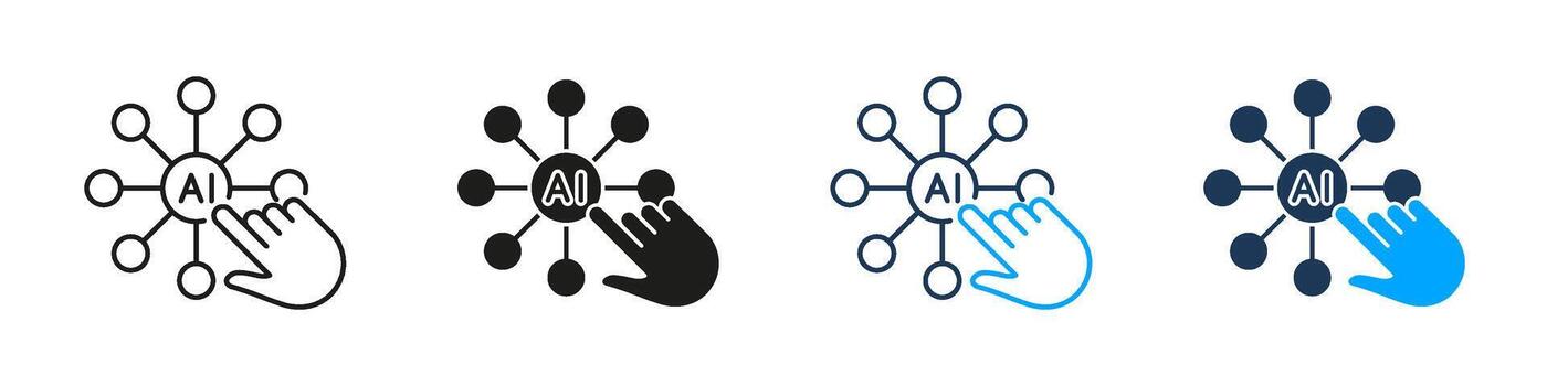 AI Network With Hand Connection Control Line and Solid Icon Set. Artificial Intelligence Access Interaction Symbol Collection. Isolated Illustration vector