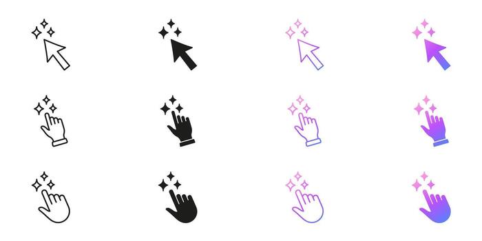 AI Click Cursor and Hand With Sparkle Icons Line and Solid Icon Set. Artificial Intelligence Interactive Pointer and Gesture Symbol Collection. Isolated Illustration vector