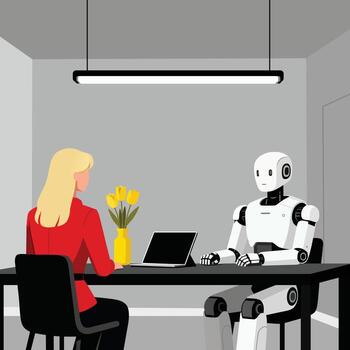 A woman meets a robot at a table vector