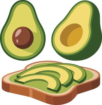 Avocado halves with a slice of avocado on toast in a flat design illustration vector