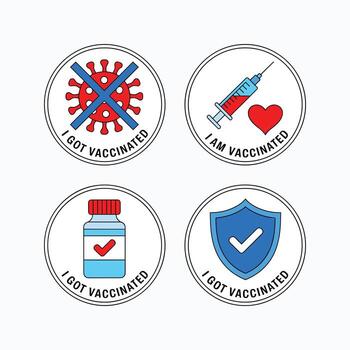 Four circular icons showing vaccination symbols including a crossed out virus a syringe with heart a vaccine vial and a shield with checkmark vector