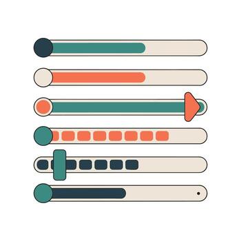 Six horizontal progress bars with rounded ends in beige teal and coral colors loading bar slider vector