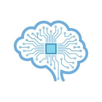 Blue circuit board stylized as a brain with a central processor chip on white background technology vector