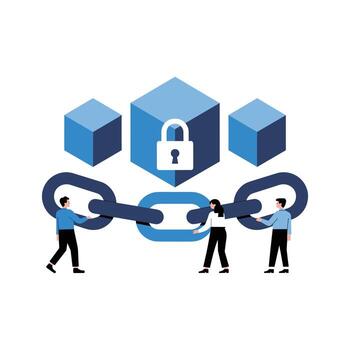 Tres personas conectar cadena Enlaces alrededor azul cubitos uno cubo tiene un blanco candado símbolo blockchain tecnología vector