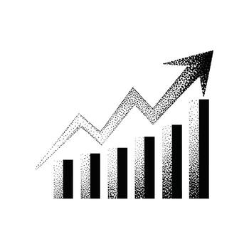 Black and white bar graph with stippled arrow pointing upwards on a white background bar chart upward trend vector