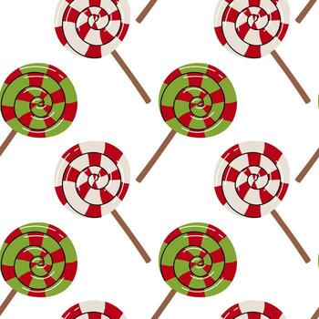 Seamless pattern with spiral round striped lollipops. Repetitive texture of striped green and white lollipops with red stripes for festive background, wrapping paper, packaging design. Lollipops vector