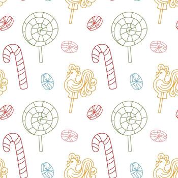 sin costura lineal modelo con varios vistoso golosinas y caramelo piruletas. vistoso garabatear. repetitivo fiesta contorno textura para Navidad y nuevo año antecedentes y embalaje diseños vector