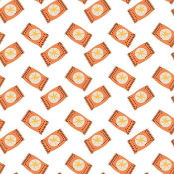 modelo de redondo golosinas en un rectangular naranja paquete. plano de colores sin costura textura de fiesta dulces en un envoltura. caramelo. para Navidad, nuevo año antecedentes, embalaje, y textil huellas dactilares. vector