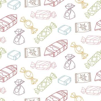 modelo de de colores contorno golosinas en varios embalaje. rectangular, redondo, cuadrado, y triangular formas fiesta golosinas en un sin costura textura de de colores contorno para regalo embalaje y textiles vector