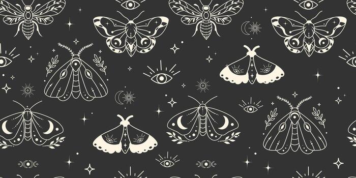 Mystical Moth and Butterfly Seamless Pattern with Celestial Symbols. Boho Dark Pattern with Butterflies, Crescent Moons and Stars for fabric, wallpaper, packaging, stationery, wrapping paper. vector