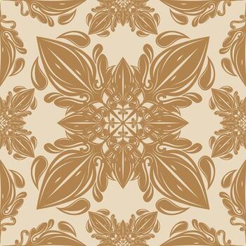 Elegant floral mandala pattern in warm golden tones on a beige background. The intricate vintage design combines botanical and ornamental details, creating a royal luxury and timeless feel products vector